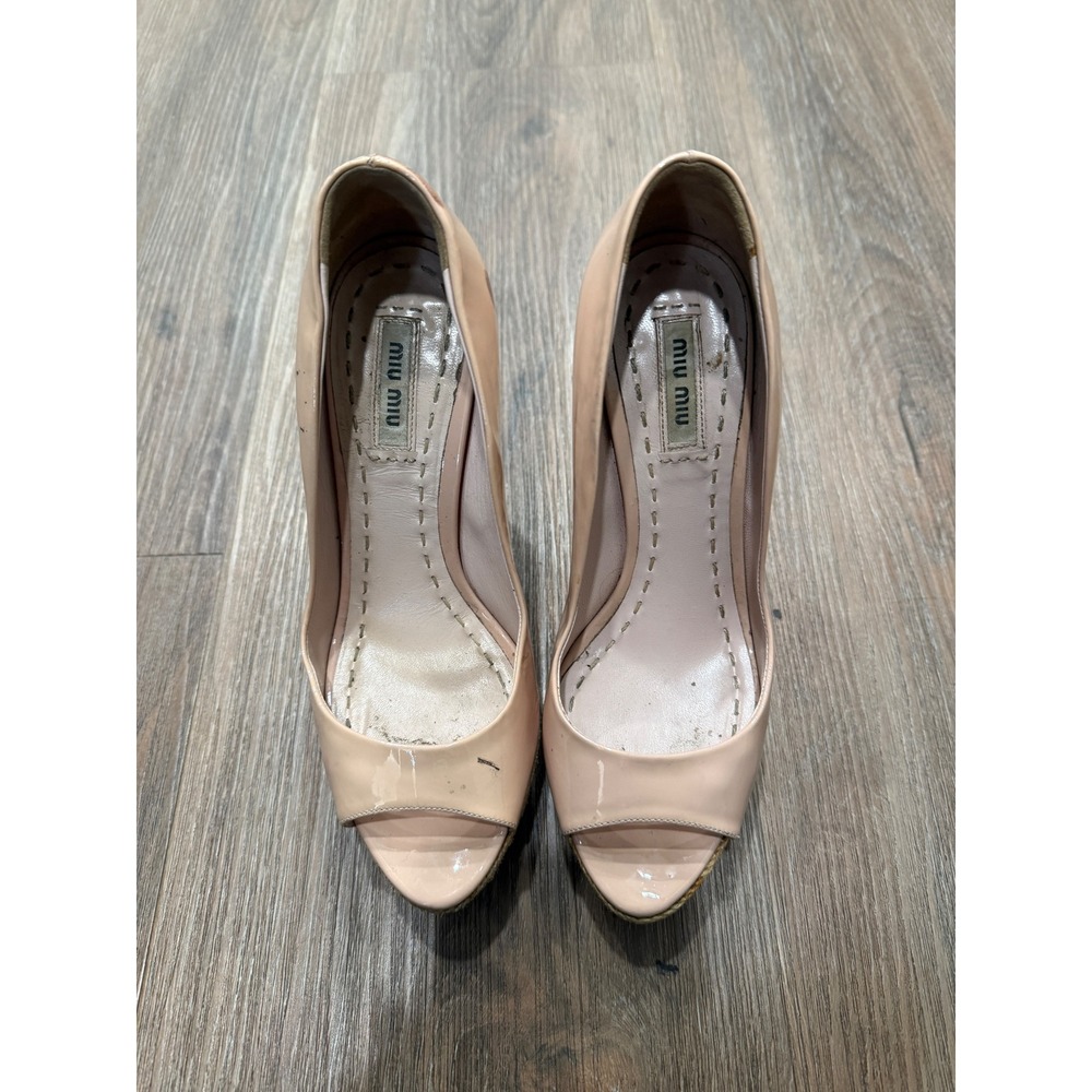 Miu Miu Nude Patent Leather Peep Toe Espadrille Platform Pumps Heels 37 Italy